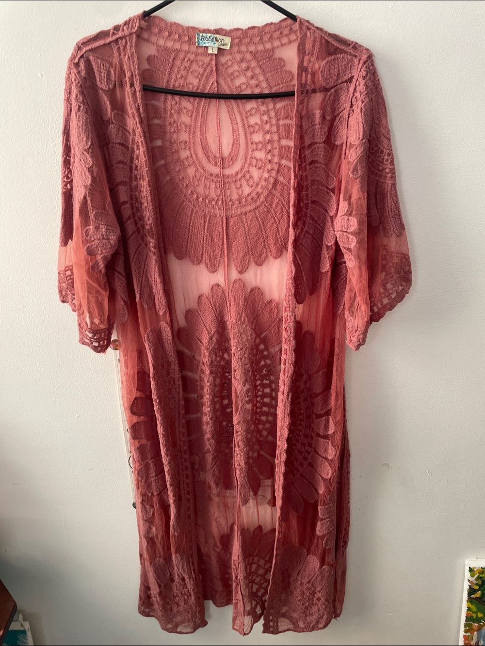 Rebellion Dusty Rose Crochet Lace Open Cardigan bohemian kimono L
